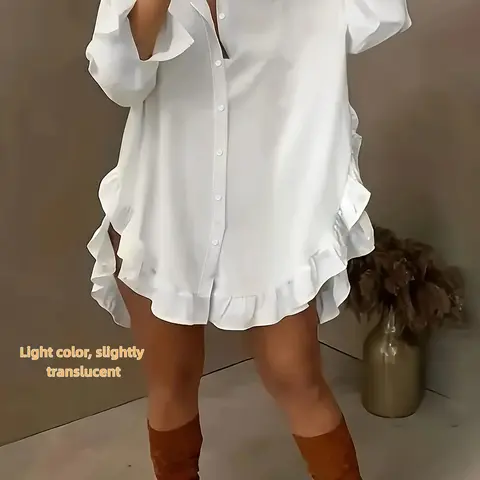 Women's Plain Ruffle Trim Baggy Fit Blouse, Shirts, Loose Tops, Casual Long Sleeve Collared Top for Daily Wear, Feminine Ladies Clothes for All Seasons