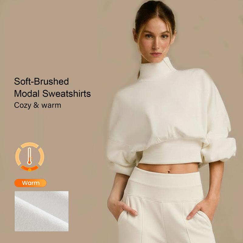GLOWMODE Modal Soft Warm Curved Bubble Hem Waist Length Oversized Ribbed Cuffs High Neck Pullover Sweatshirt Daily
