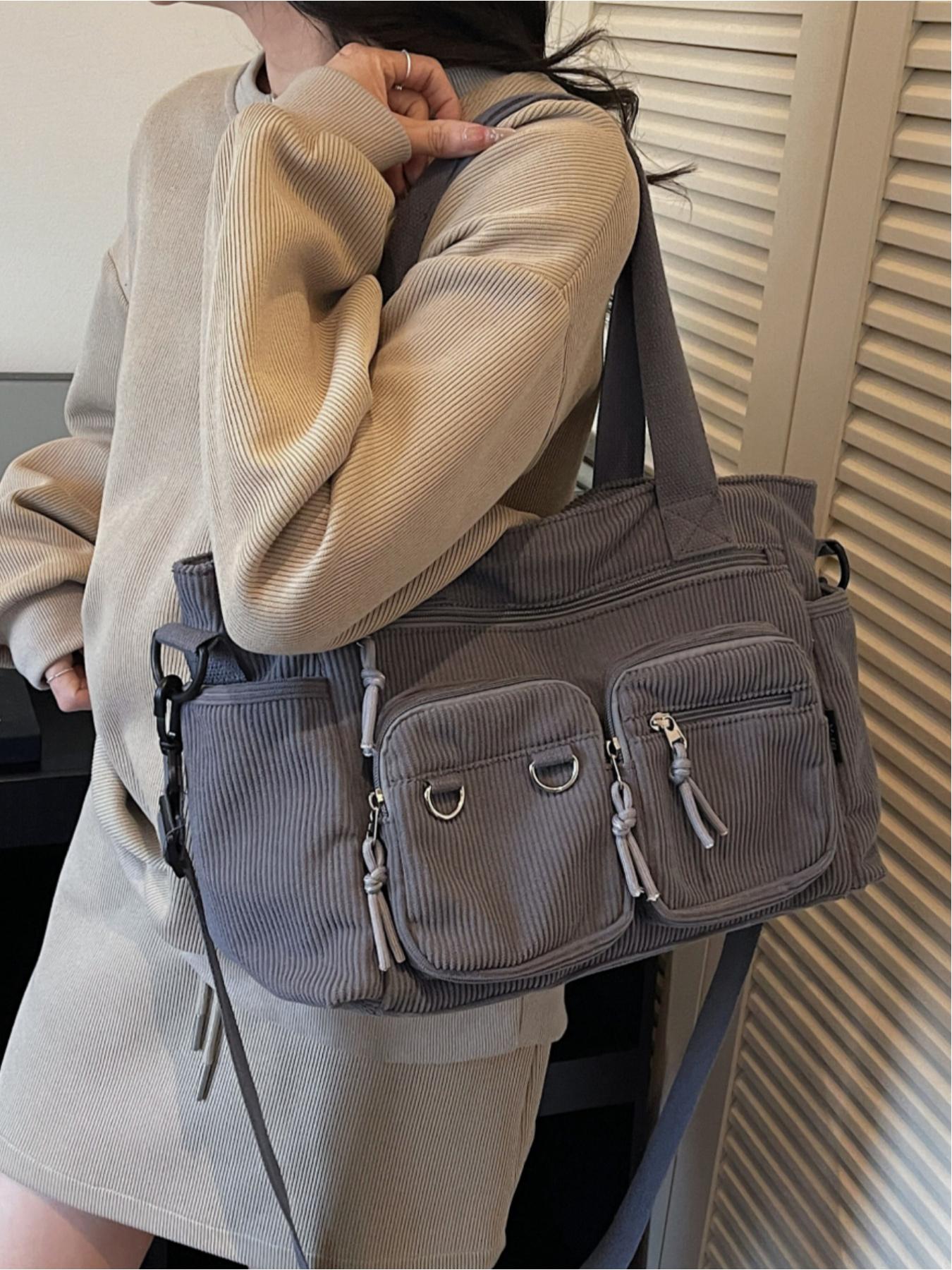 Corduroy multi-pocket large-capacity tote bag, Commuter Tote Bag, casual and versatile, suitable for shopping, school, work, commuting, and everyday accessories Corduroy multi-pocket large-capacity tote bag, Commuter Tote Bag, casual and versatile, suitable for shopping, school, work, commuting, and everyday accessories
