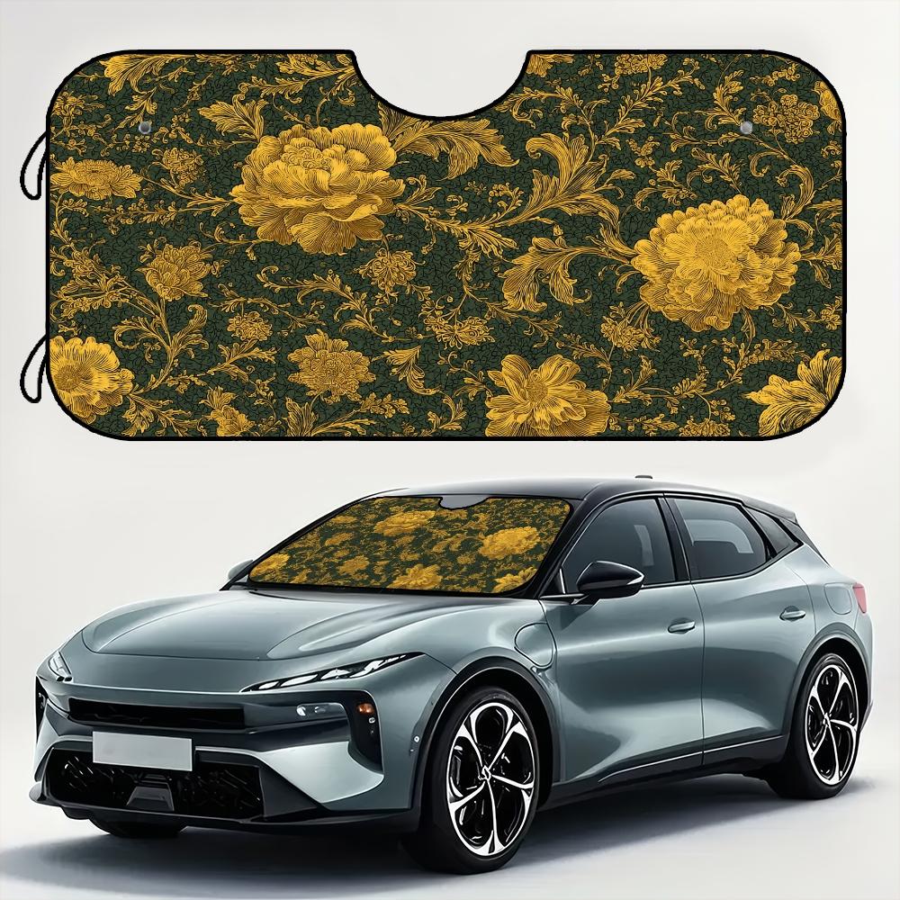 1pc, Golden Floral Elegance Pattern Car Windshield Sunshade, Compact Folding Sun Visor for Front Windshield, Ensures Comfort During Long Drives and Weekend Parking