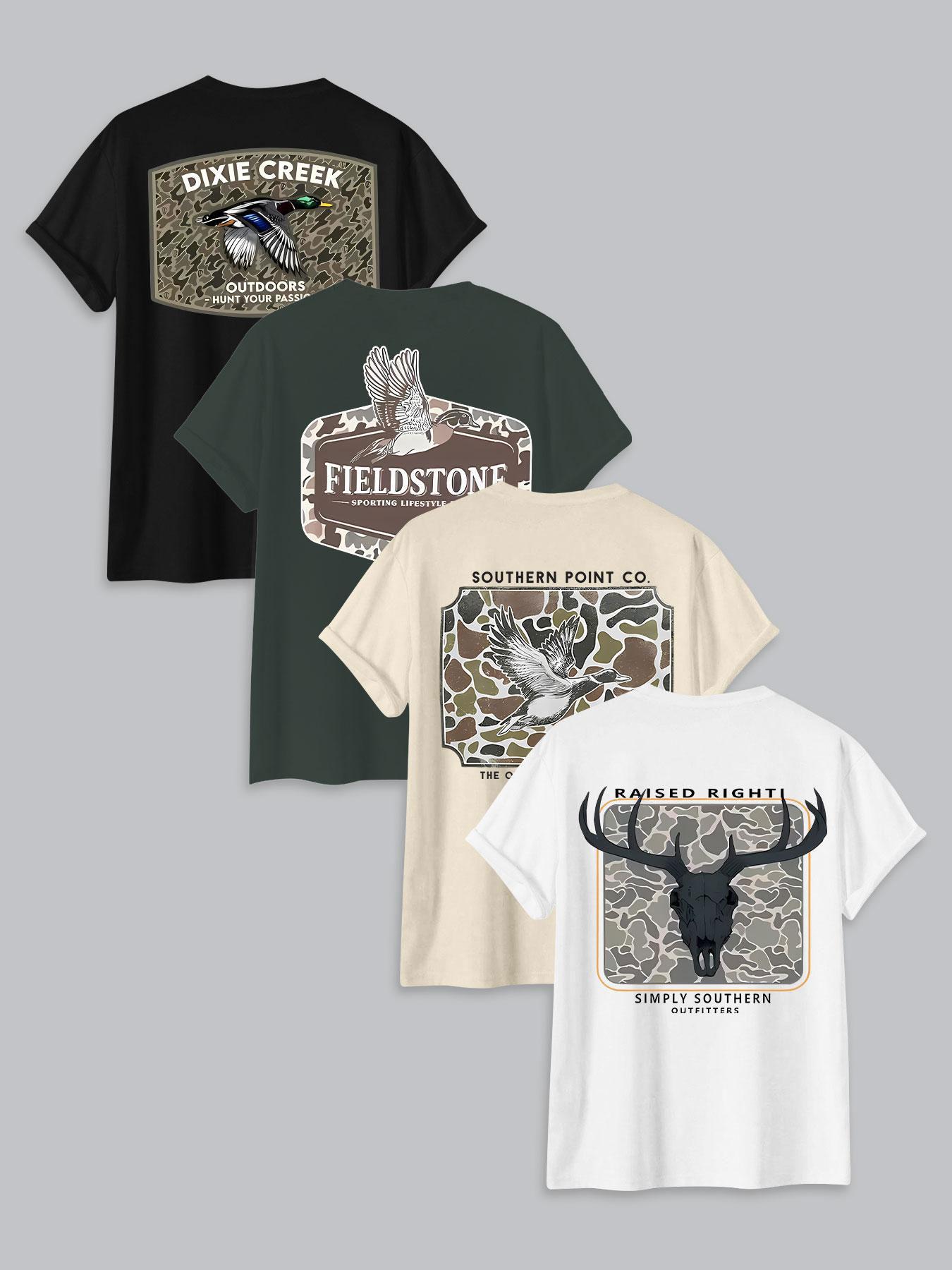 Men's Letter & Deer Print Round Neck Graphic Tee, Regular Fit Casual Short Sleeve T-shirt for Summer, Men's Top for Daily Wear, Tropical