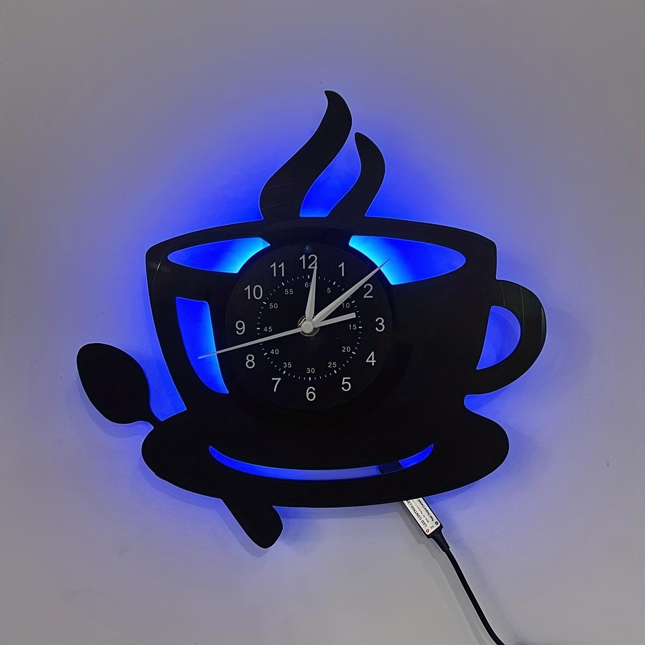 Kitchen Theme Vinyl Record Wall Clock, 7 Color LED Coffee Cup Clock, Living Room Bedroom Decor, Home Office Bar Cafe Decoration, Creative Decorative Clock