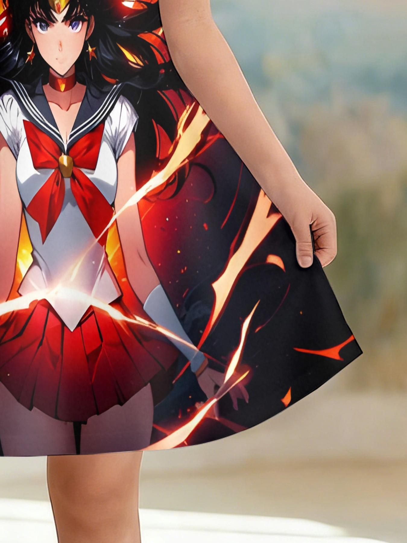 Girls' Sailor Moon Mars Print Dress, Casual Short Sleeve Anime, Perfect for Parties, Birthday Gifts, Holiday Presents