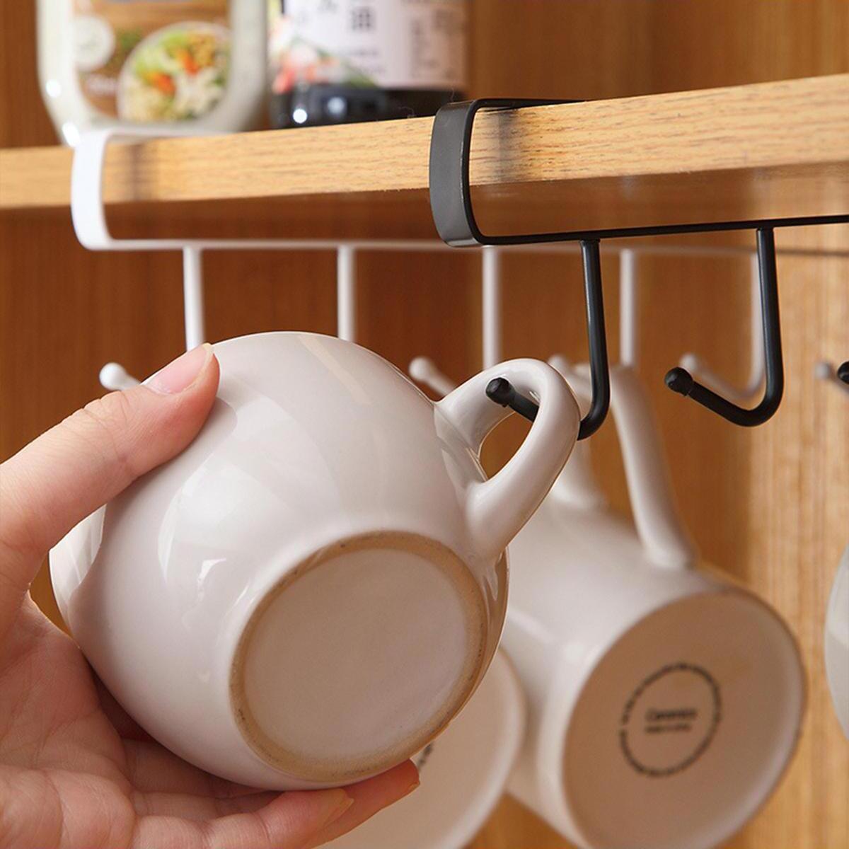 (Without Screws) Cup Hook Shelf, 1 Count Multifunctional Under Cabinet 6 Hooks Cup Storage Rack, Home Organizer for Kitchen Bathroom Bedroom Wall Mountable