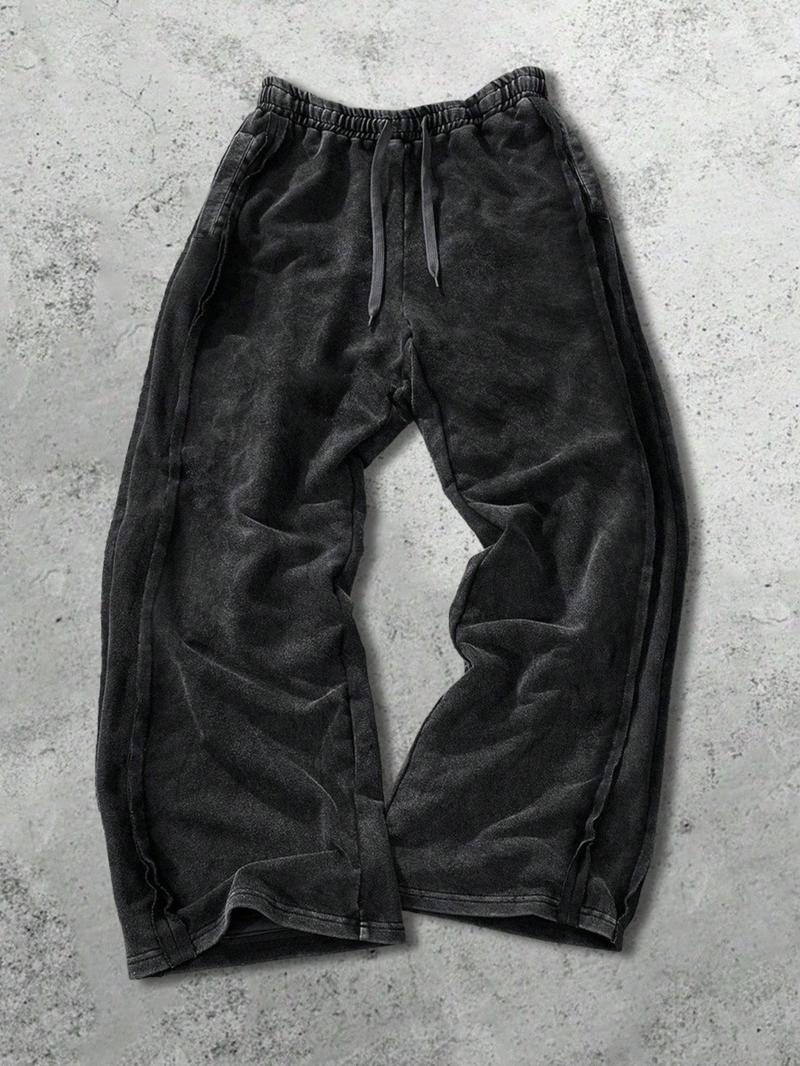 Men's Streetwear Simple Cotton Sport Pants, Wide Leg Knit Sweatpants, Washed Cotton Fabric, Casual Loose Fit, All Seasons, Comfy Sweatpants