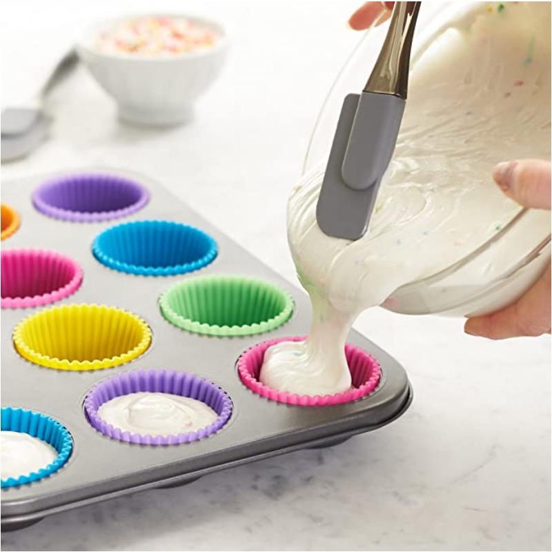 24Pcs,Premium Silicone Cupcake Backing Cups, 2.8 Inches Reusable Muffin Molds for Cakes Pastries 6 Rainbow Colors BPA Free Non Stick Food Grade