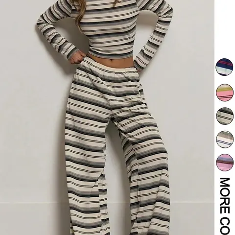 Women's Comfortable Fitted Long Sleeve Striped T-Shirt & Pants Set, Two Piece Outfit, Womenswear, Cute Casual Outfits for Autumn Winter, Elegant Airport Office Wear