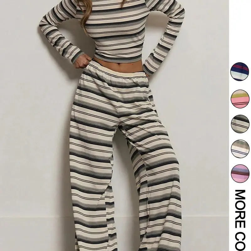 Women's Comfortable Fitted Long Sleeve Striped T-Shirt & Pants Set, Two Piece Outfit, Womenswear, Cute Casual Outfits for Autumn Winter, Elegant Airport Office Wear