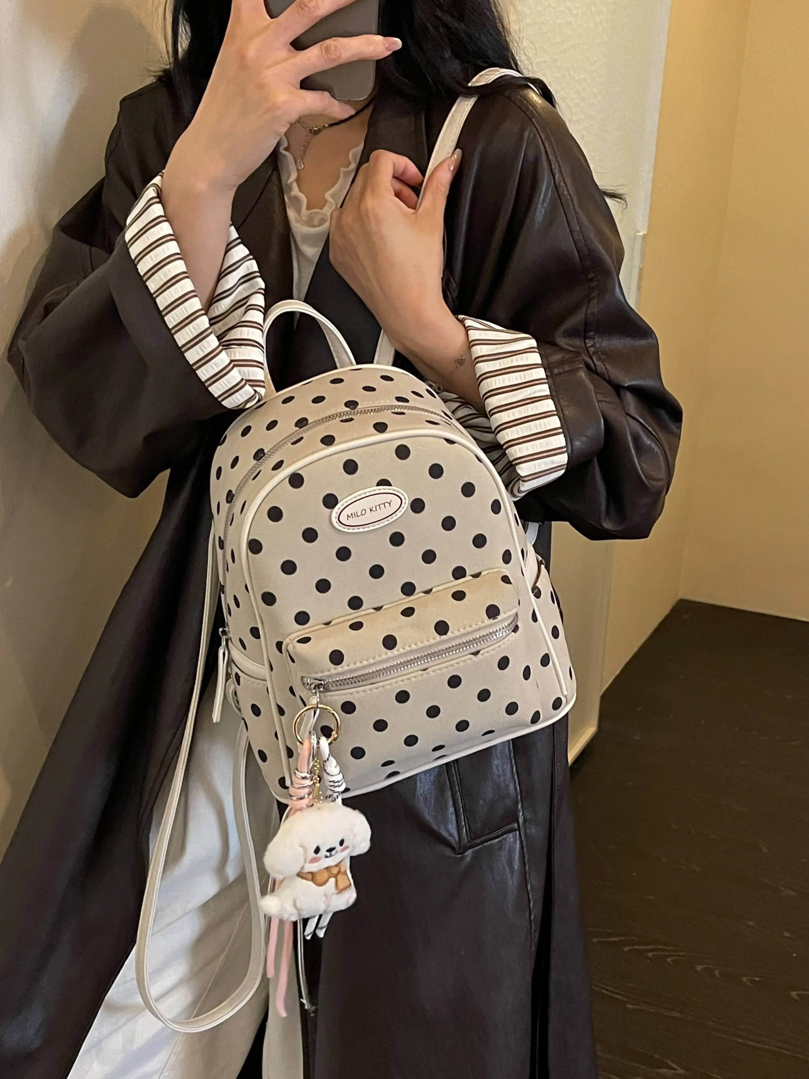 2026 Summer Simple Polka Dot Backpack, Student High-Profile Small Square Bag, Large Capacity Lightweight College Style Backpack