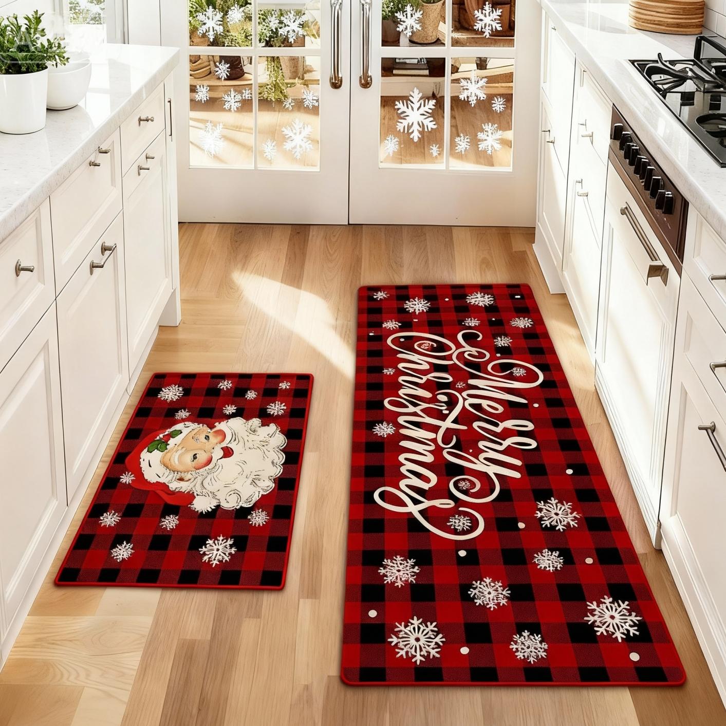 2 Counts Christmas Kitchen Rug Set, Santa Gingerbread Man Christmas Tree Dwarf Gnomes Pattern, Non-Slip Soft Low Height, Holiday Party Floor Mat Home Decor, Home Decor Rugs