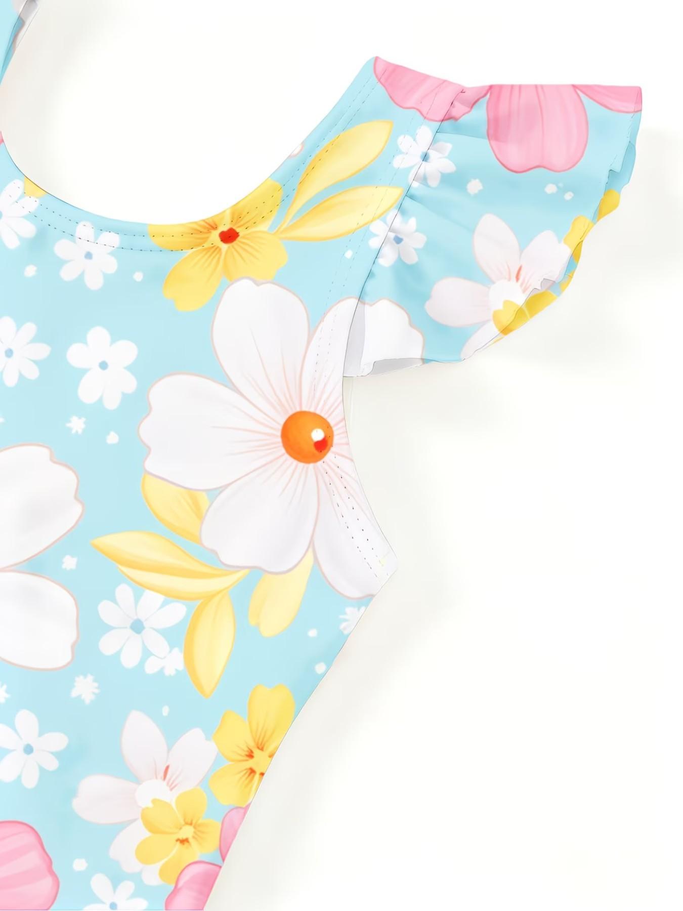 Girls' Floral Pattern Jumpsuit, Cute Cartoon Print, Ruffled Quick-Dry Swimwear, Fashionable Beach Party, Sporty Style