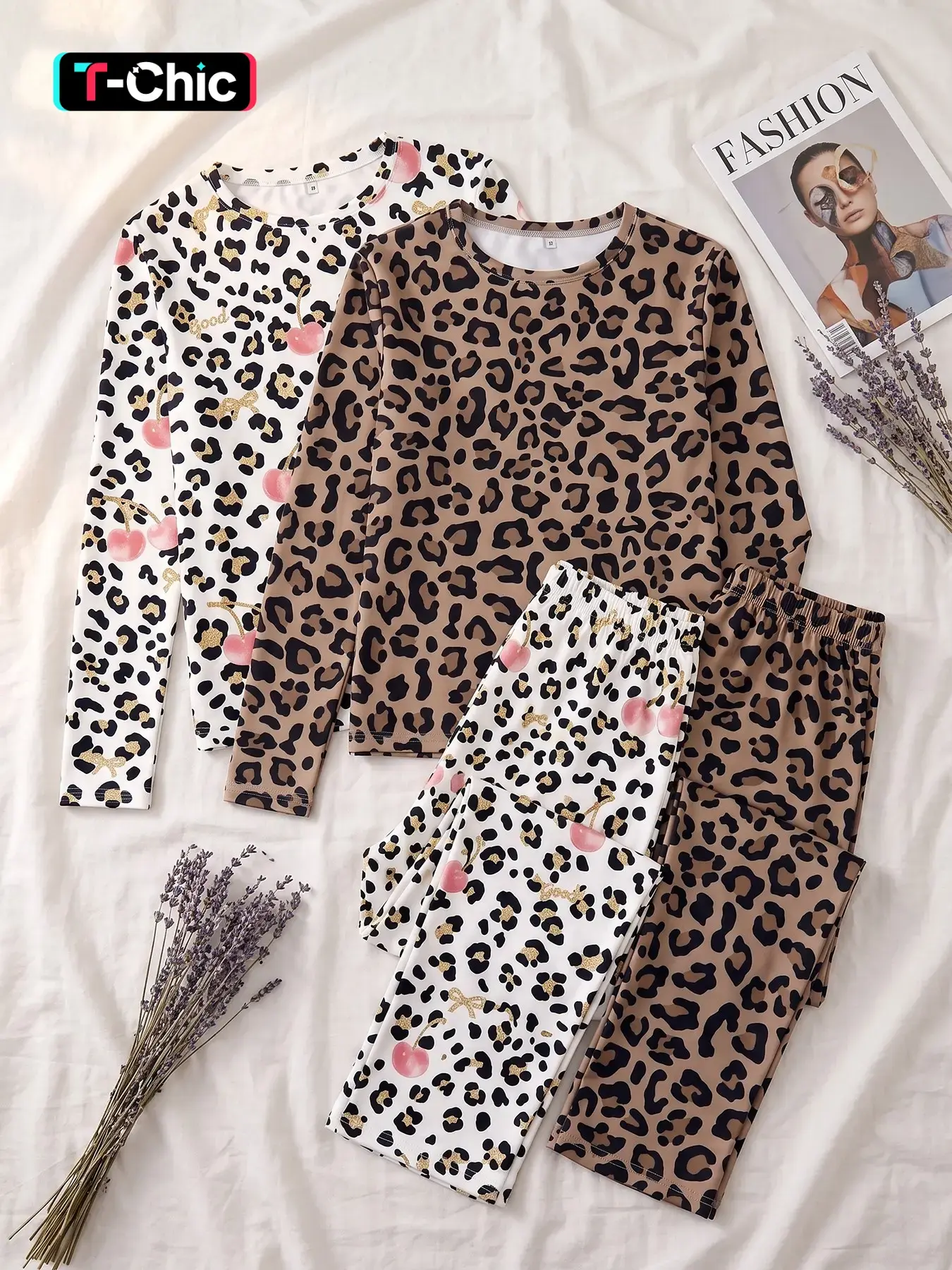 2 Pack Women Pajama Set, Round Neck Long Sleeve Top and Long Pants Pajama Set for Women, Wearable All Seasons, Leopard & Cherry Print, Two Different Patterns, Casual Loungewear for Indoor Rest