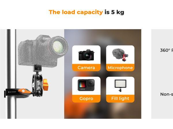 [K&F CONCEPT]Camera Clamp Mount, Super Clamp Mount Magic Arm with Two 360° Ball Heads, 1/4" Screw Threads for ARRI Compatible with DSLR, Action Camera, Tripod, Phone for Gopro/Insta360