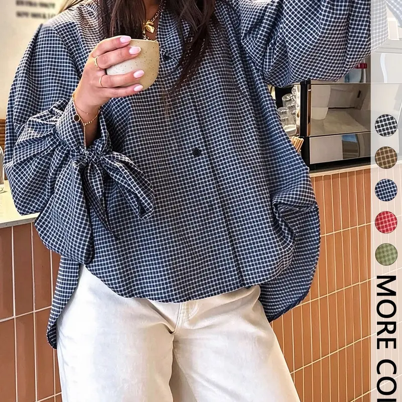 Women's Vintage Plaid Long Sleeve Shirt, Stand Collar Button Front, Lantern Sleeves with Tie Design, Asymmetrical Length, All Seasons