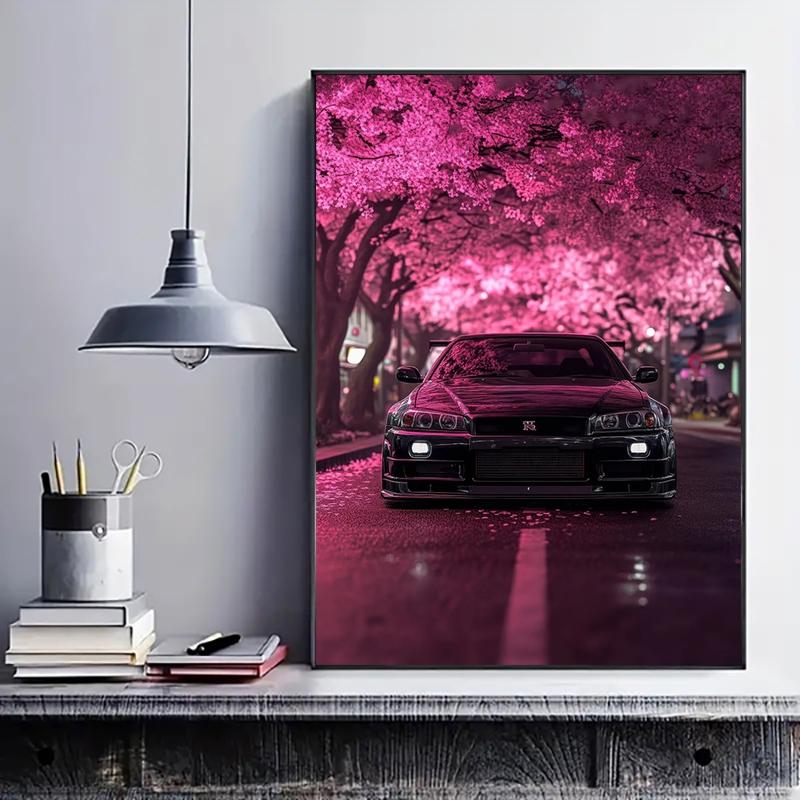 frameless canvas art print posters, Art Work For Wall Decor, realistic vehicle art, classic Japanese sports car R34 Under Cherry Blossoms, perfect gift for JDM vintage car enthusiasts, ideal gift for bedroom, living room,dormitory hallway, wall decoration