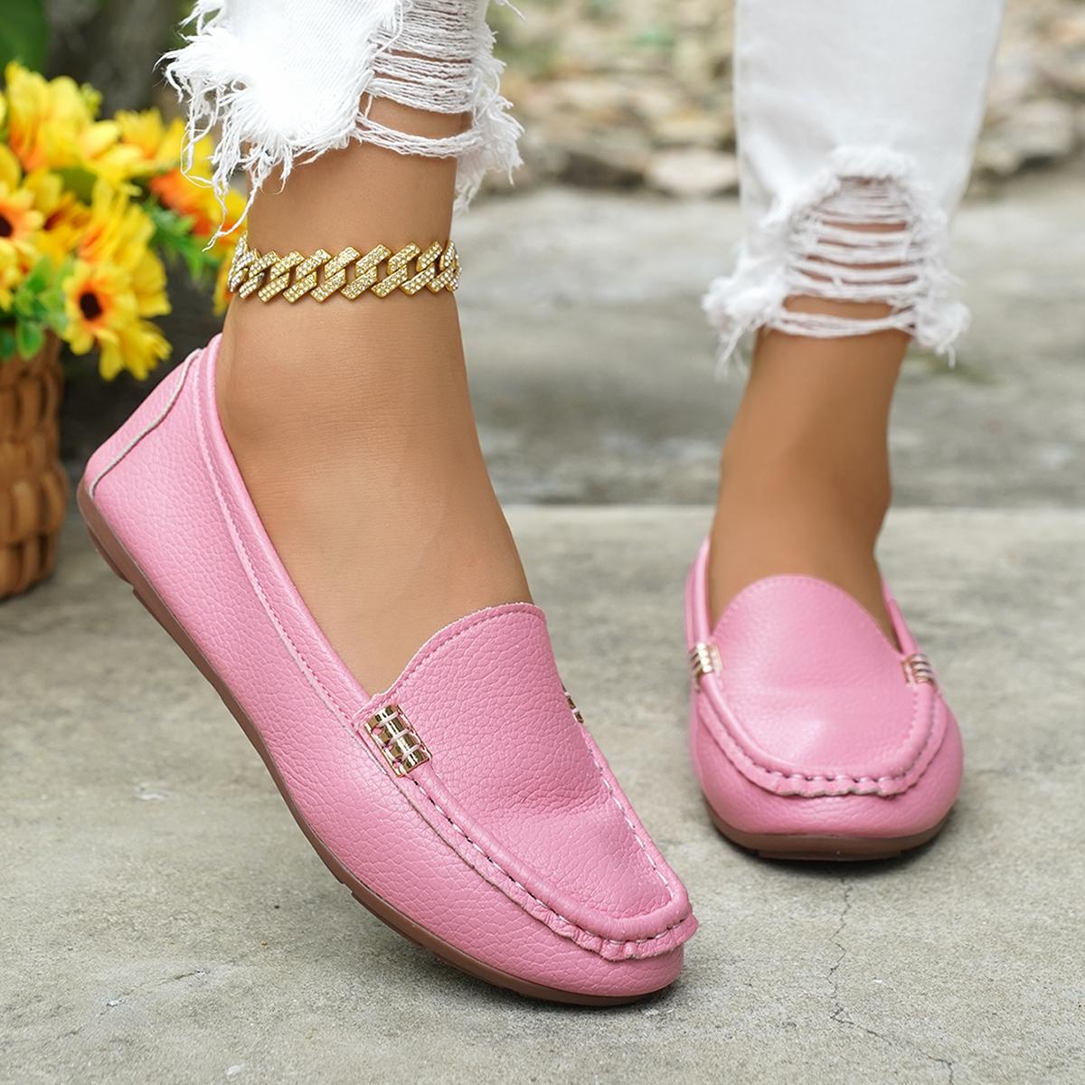 Women's Classic Plain Low Heel Shoes, Fashionable and Sexy, High-End Slant Metal Chain Decoration, Comfortable Casual Loafers, Slip On Shoes