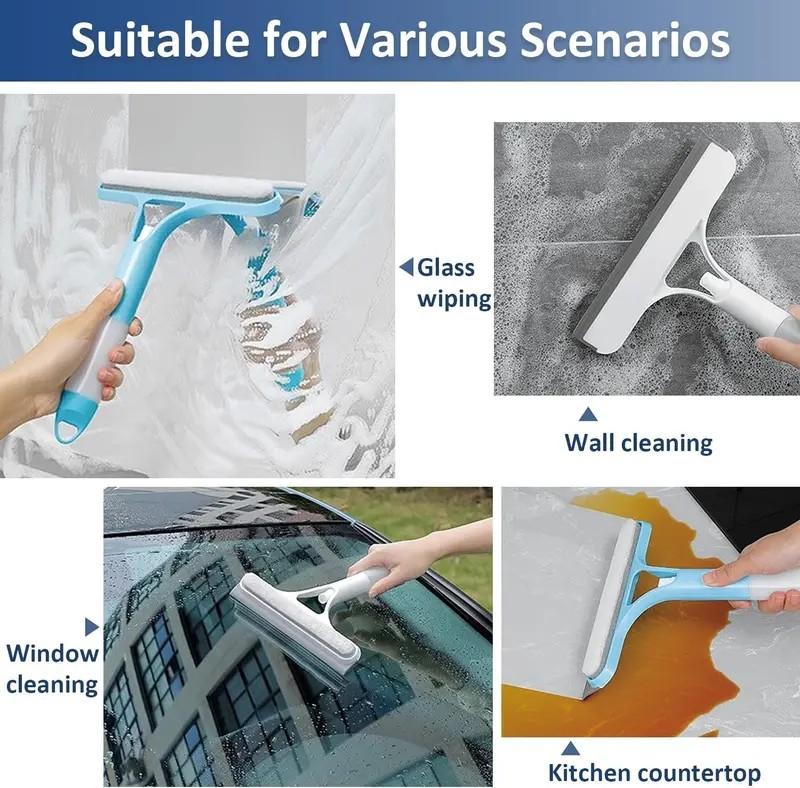 3-in-1 Glass Cleaner Scraper + squeegee + scrubber + spray in one design, easy to deal with home windows, mirrors and car windscreen cleaning! Efficient cleaning, one scrape and you're clean!