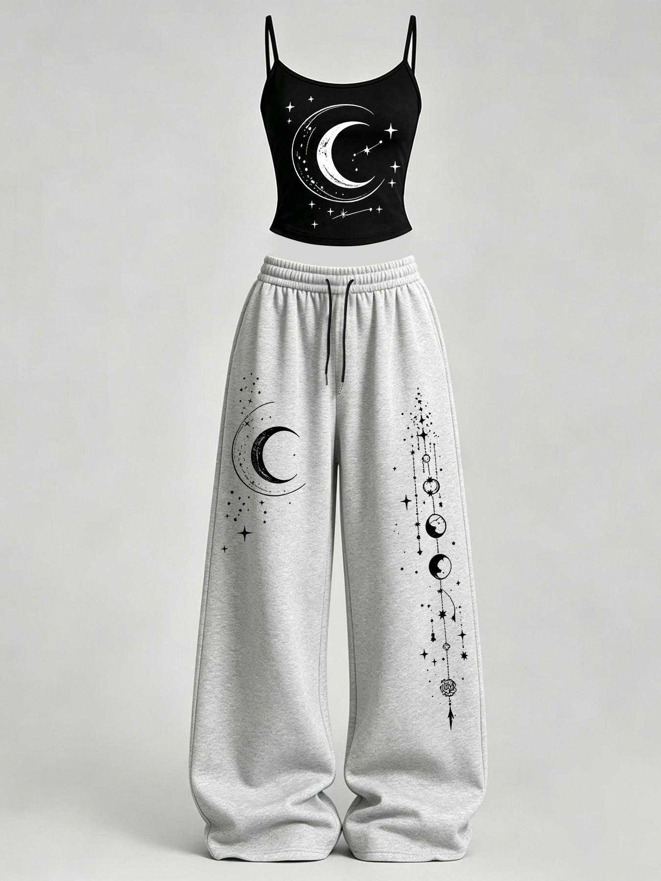 Women's Home Casual, Star Moon Print Slim Fit Tank Top + Loose Pants Set, Y2K, American Street Style, Daily Wear, Campus, Home Relax, Clothes