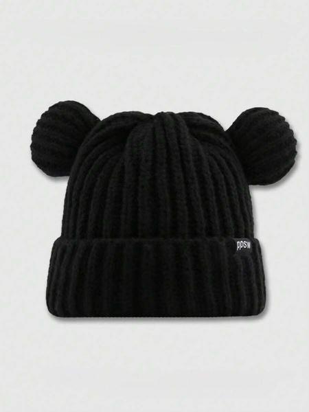 Women's Animal Ear Knit Beanie Hat, Casual Letter Patch Acrylic Warm Cap, Bear Shape Fitted Sweater Hat for All Seasons, Knitted Winter Hat