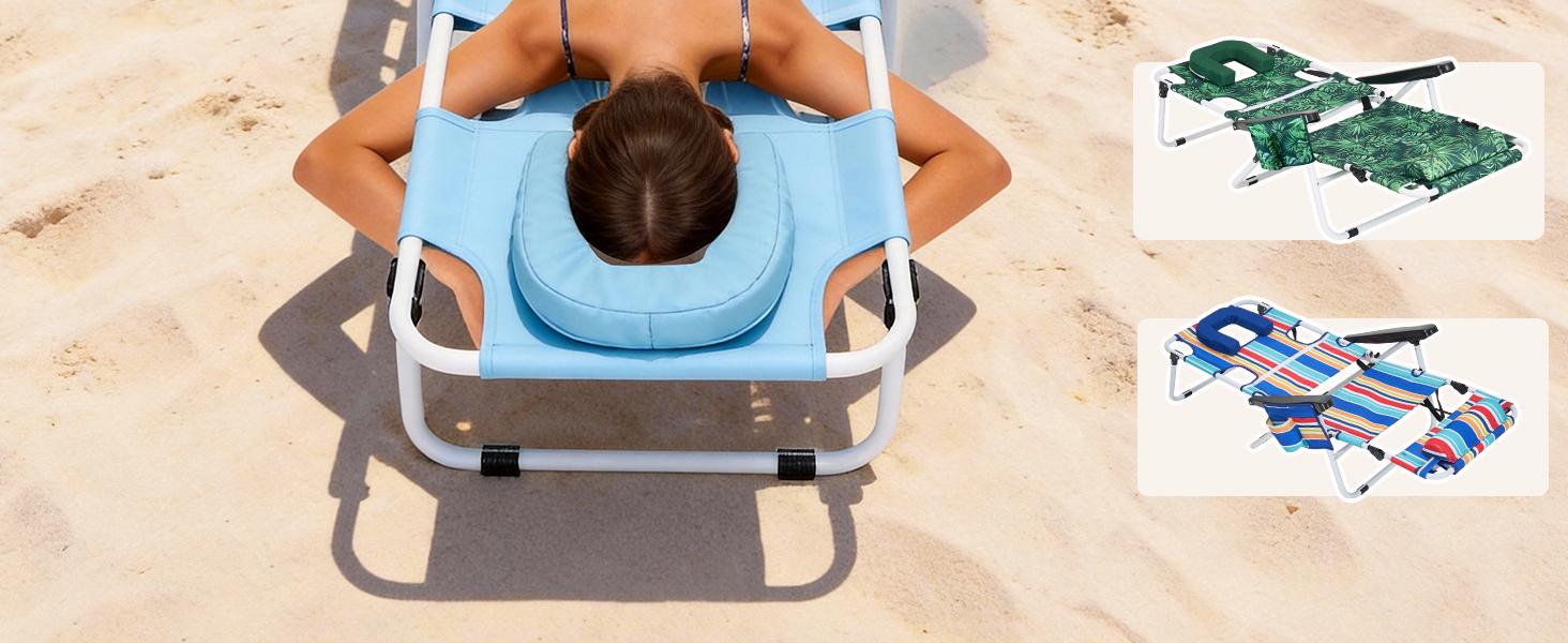 DoCred Deluxe 3-in-1 Tanning Chair with Face Hole, 5-Position Adjustable Beach Chair with Mattress, Oversized Portable Folding Chaise Poolside Lounge Chair for Outdoor Sunbathing, Lawn, Patio, Beach