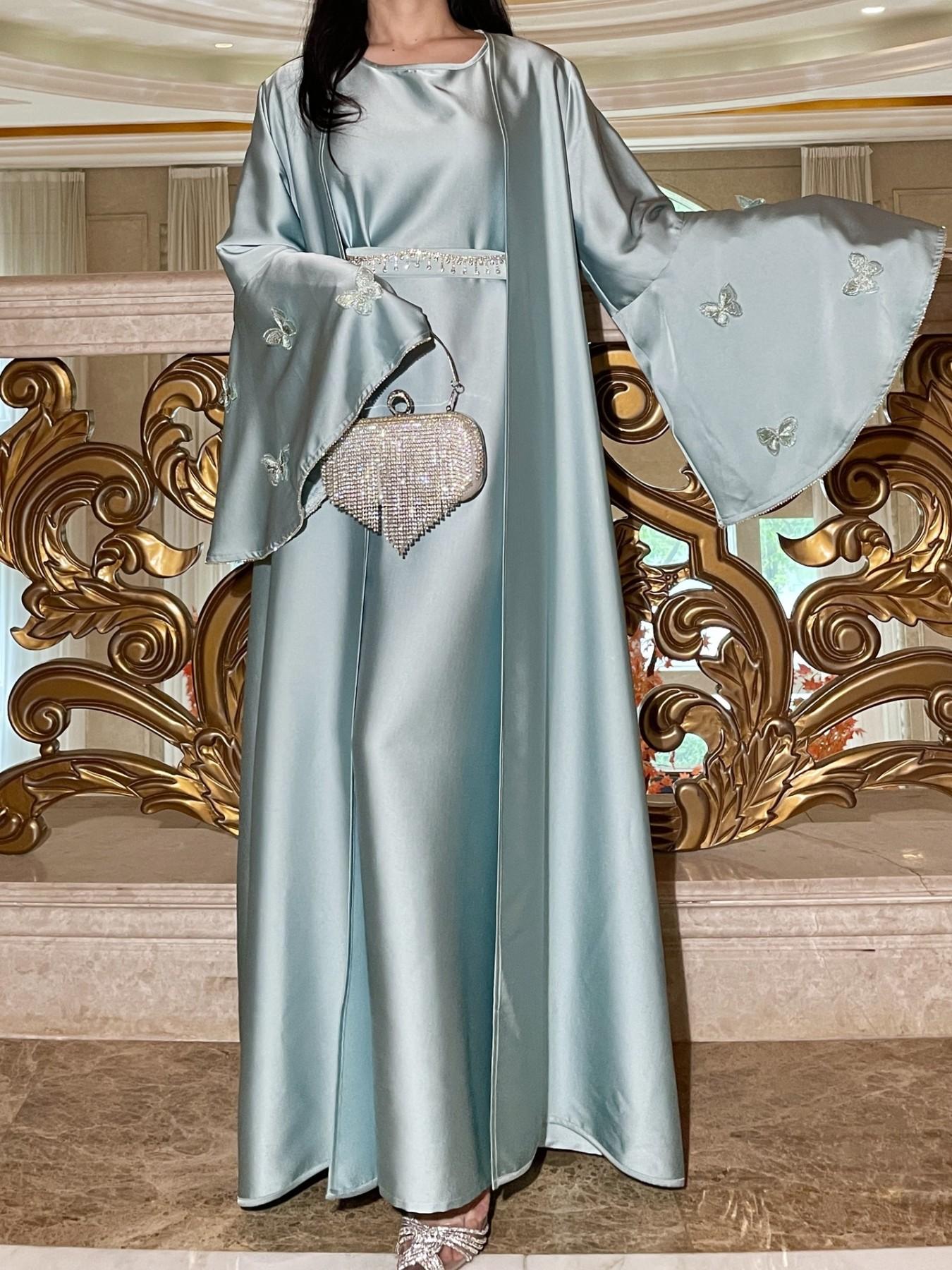 Hafizah Satin Butterfly Embroidery Blazer + Beaded Waist Long Dress Set, Shimmering Formal Wear for Women, Elegant Formal Style, All-Season Loose Fit