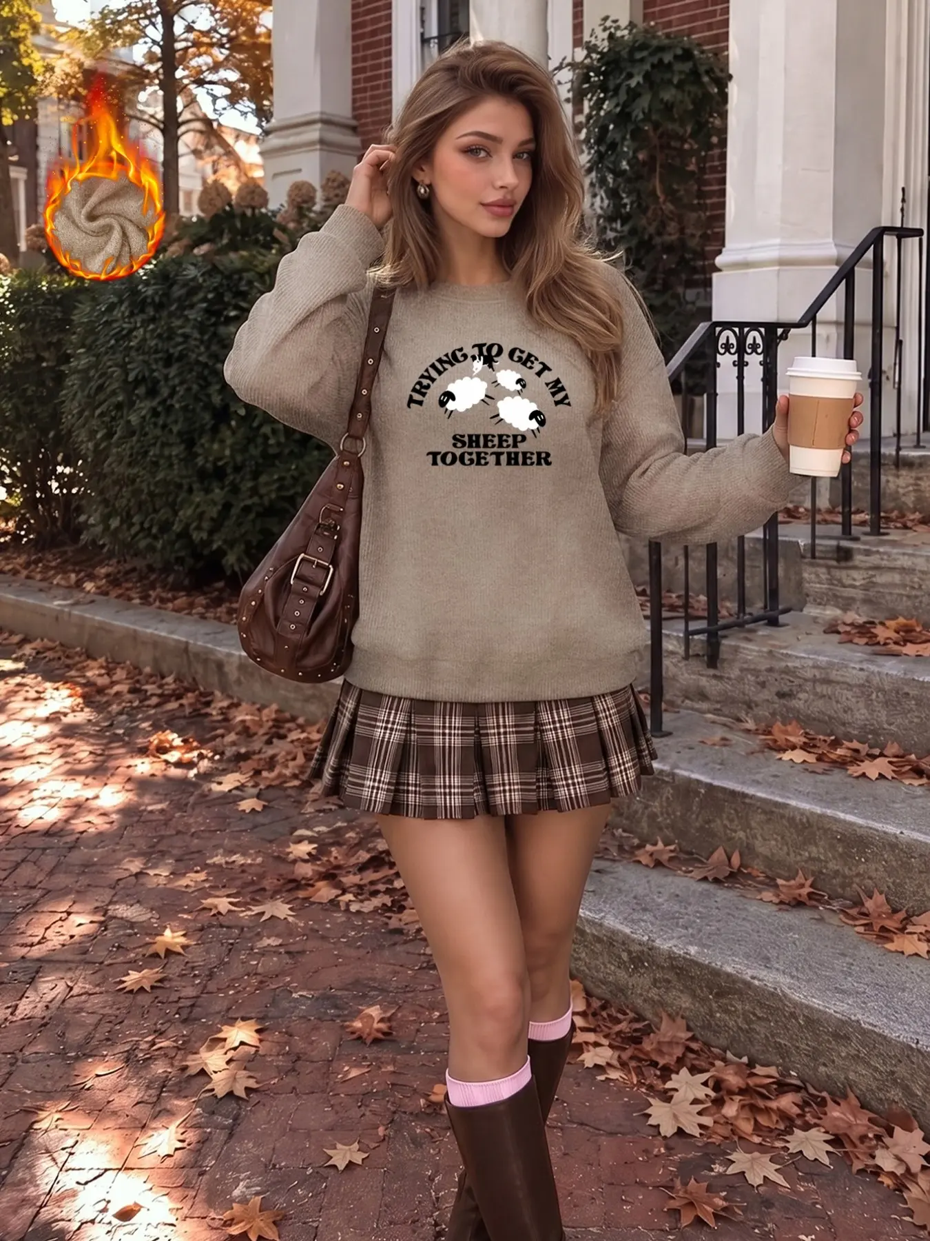 Women's Casual Sheep Print Long Sleeve Top, Winter Warm Faux Fur Pullover, Loose-Fit Halloween Pattern Shirt, Ladies' Cozy Outerwear