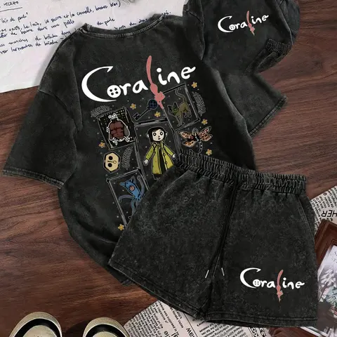 Women's Summer Cotton Breathable Short Sleeve Matching Shorts Set, Loungewear Shorts Sets, Womenswear, Outfit, Clothes, Casual Fashion, Regular Fit, Fitted, Cartoon Print Tee, Perfect for Daily Wear & Outdoor Activities, Vibe