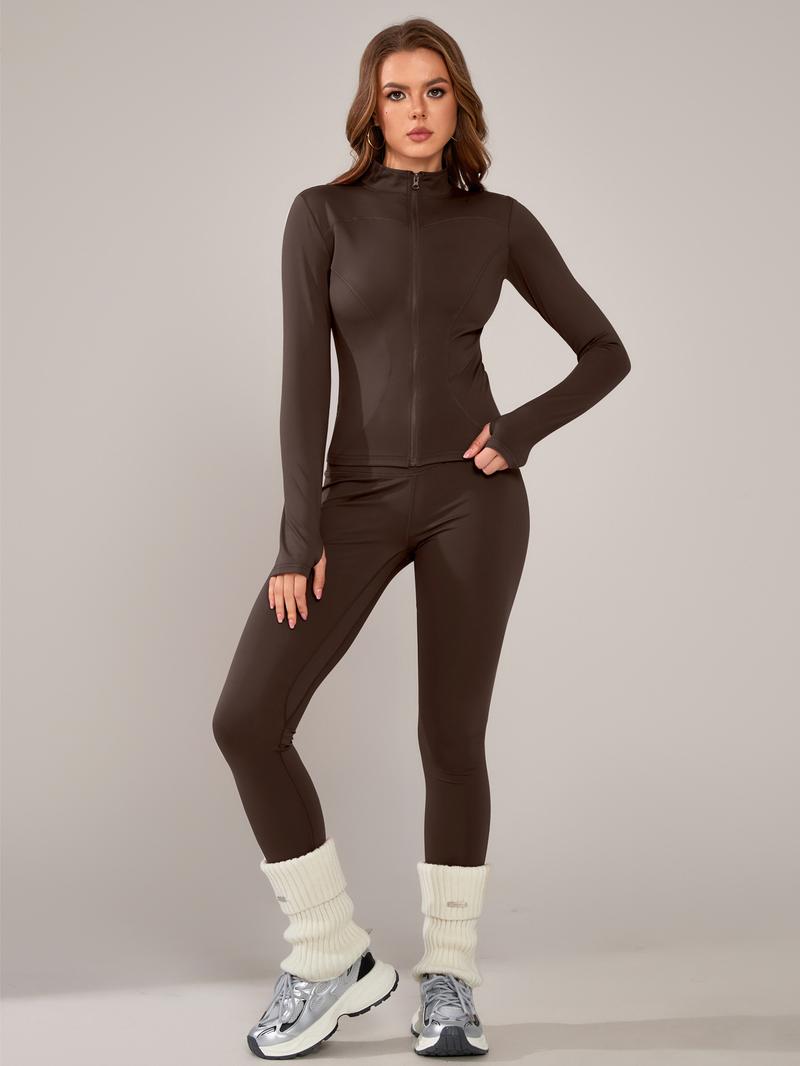 Women's Sporty Yoga Set, High Waist Tight-Fitting Pants, Breathable Long Sleeve Jacket, Fall & Winter Gym Outdoor Running, Yoga Clothes Set