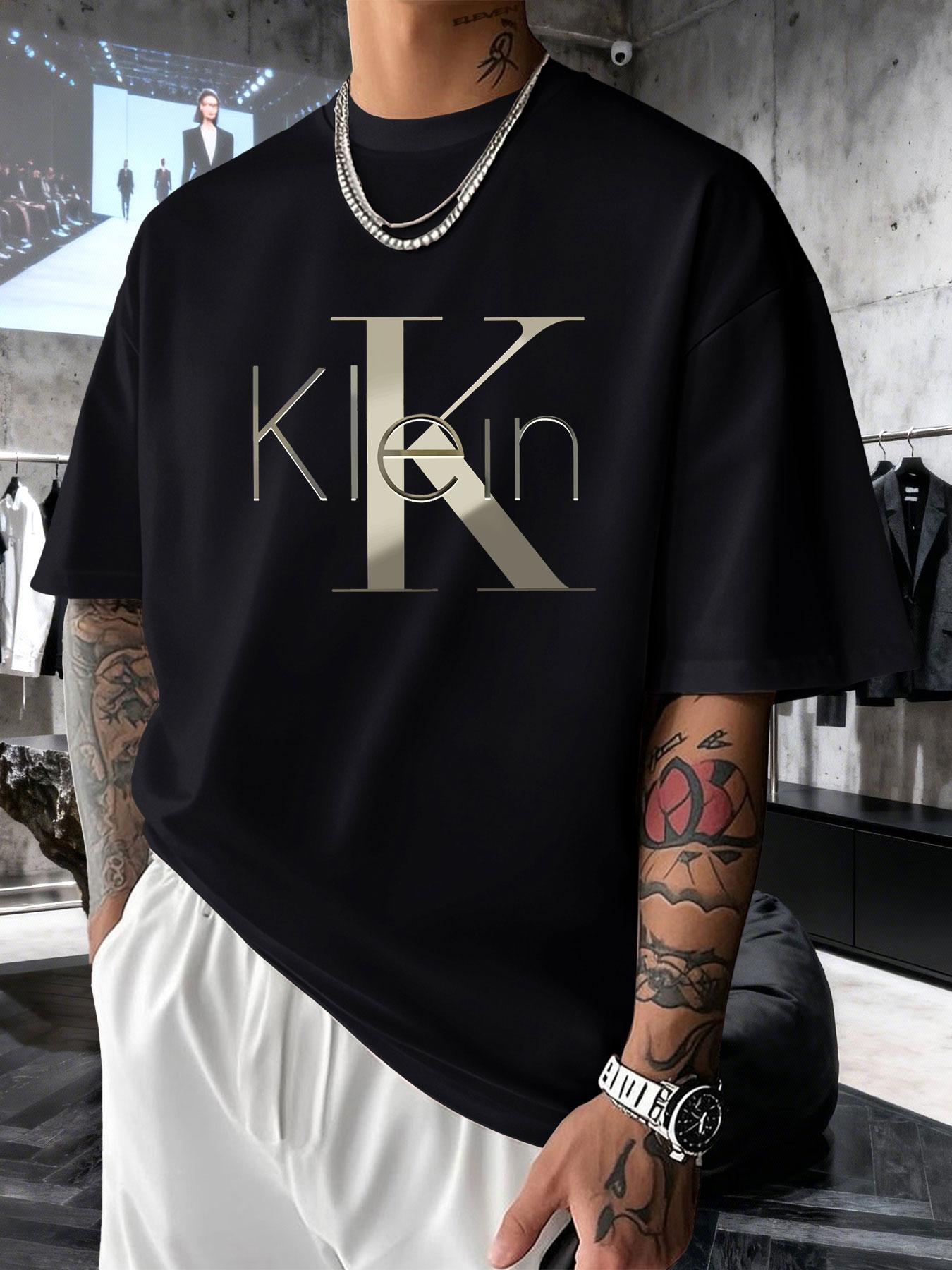 Men's Short Sleeve T-Shirt Summer Gold Embossed Klein Letter Print, Casual Loose-Fitting Long Top, All Seasons Business Fashion