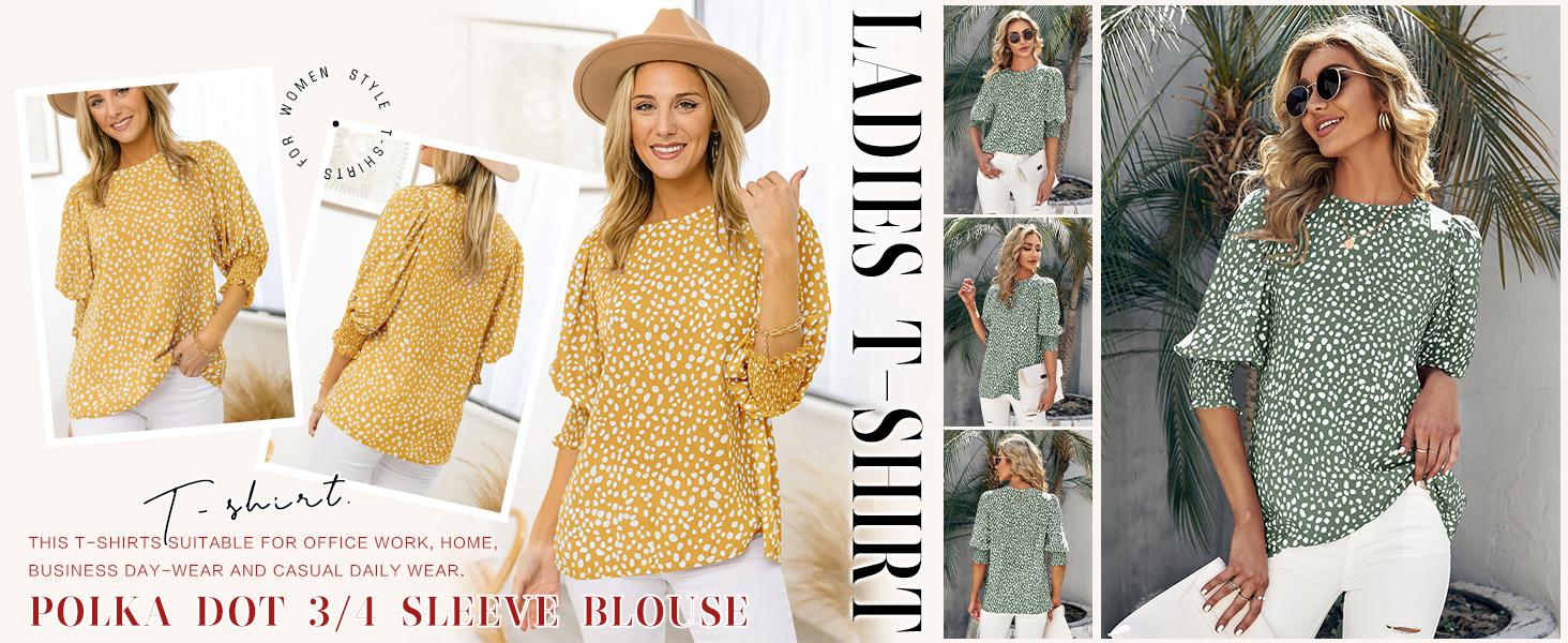Cicy Bell Women's Polka Dot 3/4 Sleeve Blouse Tops Ladies Casual Office Work Crew Neck T-Shirt Spring Soft Crewneck Cicy Bell Women's Polka Dot 3/4 Sleeve Blouse Tops Ladies Casual Office Work Crew Neck T-Shirt Spring Soft Crewneck