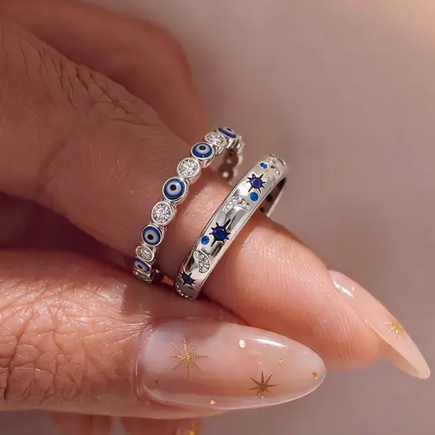 S925 Silver Jewelry Set, Women's Ring Set, Devil Eye and Star Moon Rings, Elegant Casual Rings, Casual Style, All Seasons, Daily Wear, Protective Electroplating