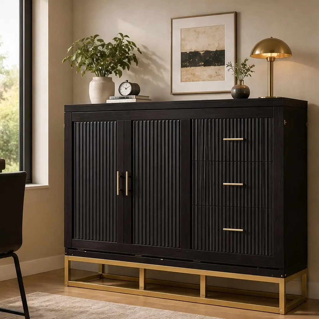 Queen Murphy Bed Frame with Wooden Doors, Faux Drawers, Metal Legs, Espresso Finish, Foldable Space-Saving Design for Small Apartments