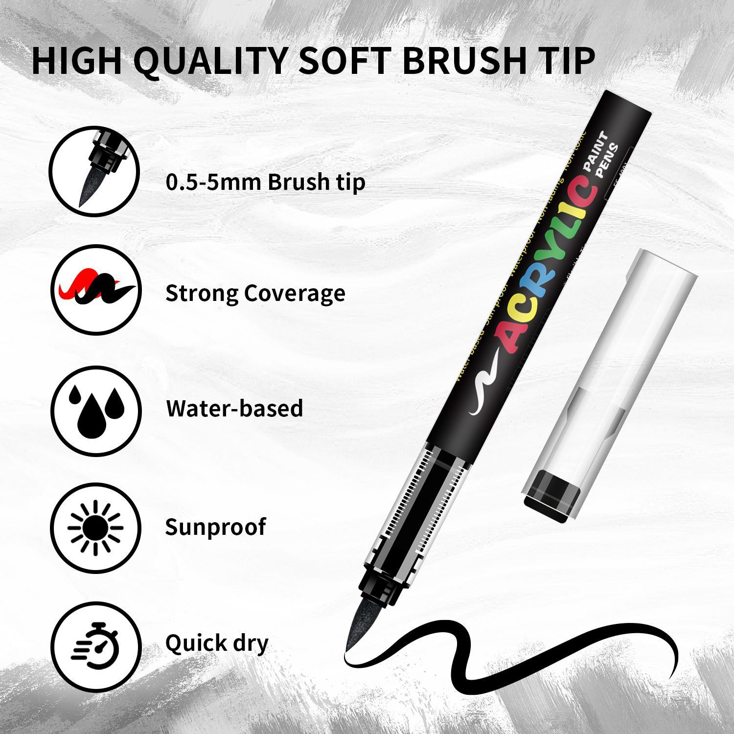 Acrylic Paint Pens with Automatic Ink Control, Soft Brush Tip Markers for Canvas, Rock, Wood, Stone, Glass, Ceramic, Fabric Painting, DIY Crafts, Art Marker Set