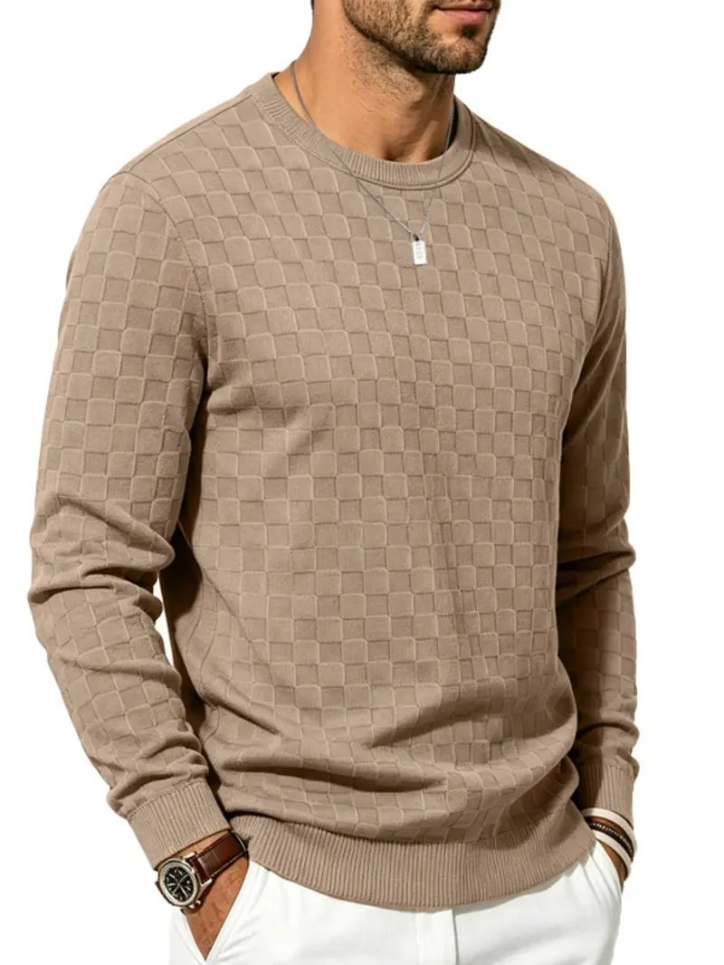4-Pack Men's Plaid Knit Sweatshirts, Textured Grid Pattern Long Sleeve, Soft Lightweight Casual Top, Ideal for Fall Winter Streetwear