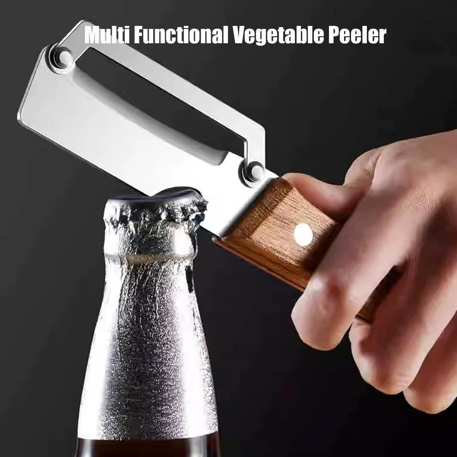 Two-In-One Kitchen Peeler with Wooden Handle and Bottle Opener, Comfortable Non-Slip Stainless Steel Blade, Easy to Clean, 2 Pieces Set