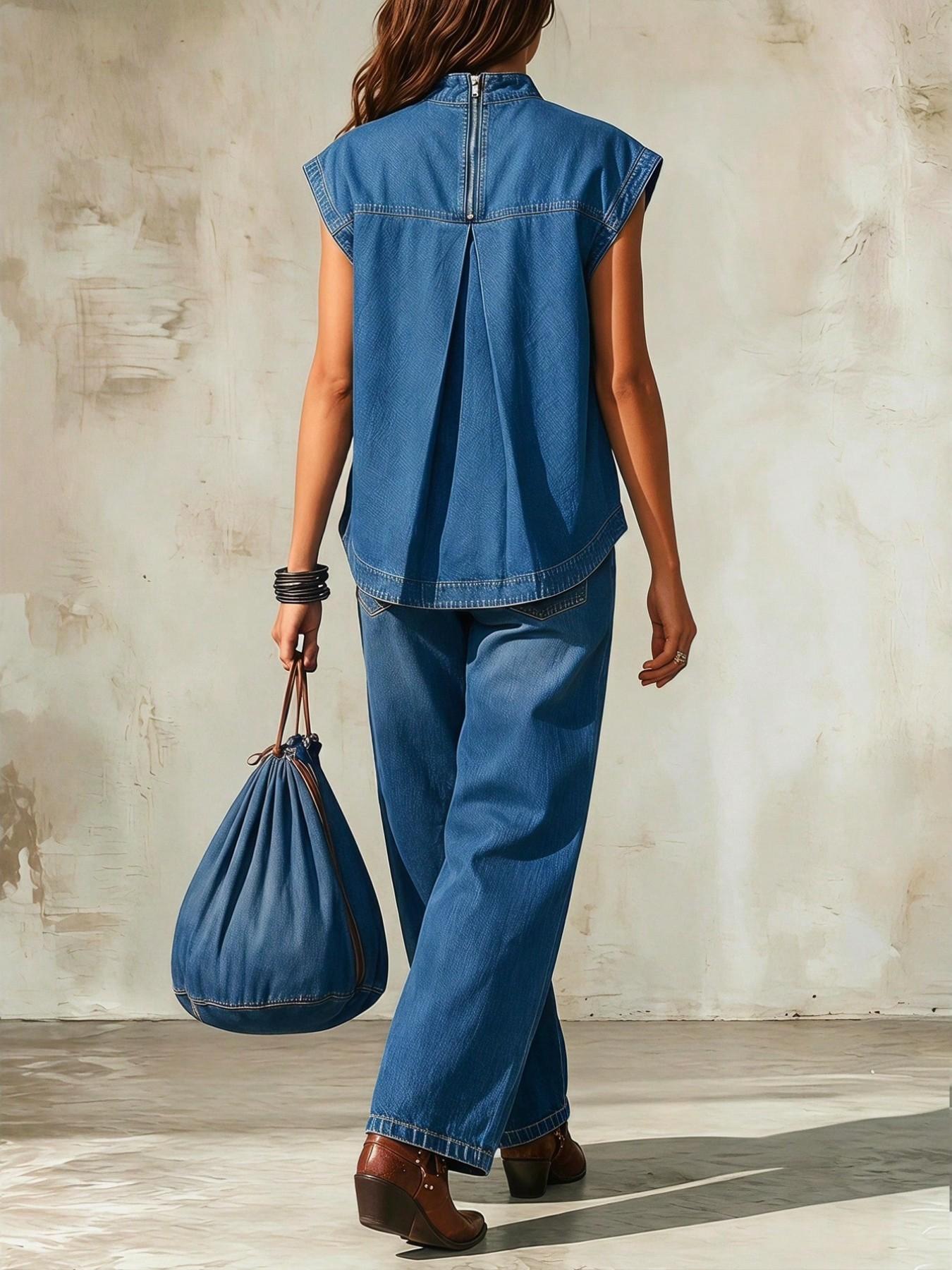Women's Stand Collar Sleeveless Loose Fit Denim Top, Perfect for Summer Daily Wear, Casual Fashion Shirt