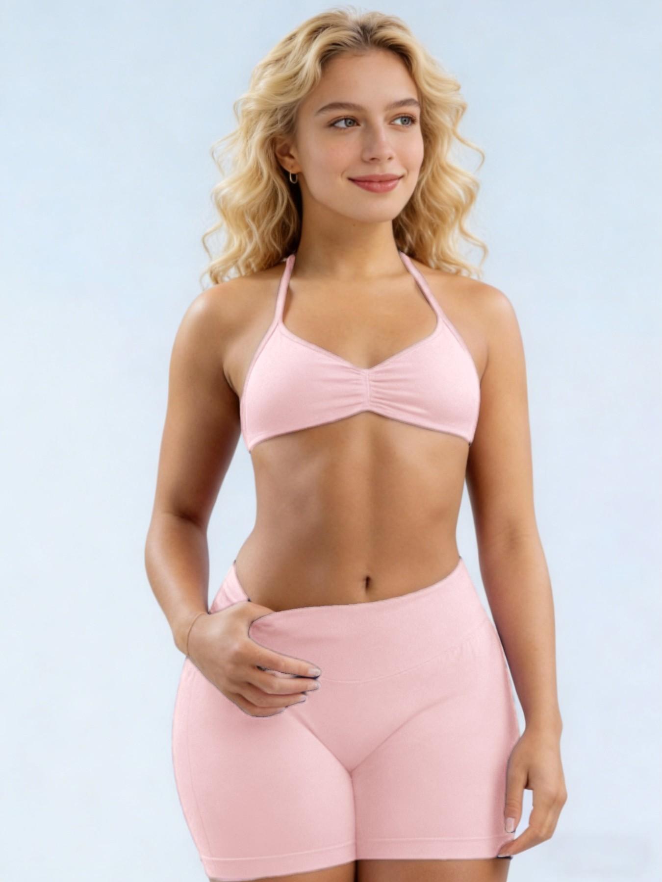 Women's Two-Piece Set, Solid Color Halter Top & High Waist Shorts, Sporty Breathable Quick-Dry for Yoga Gym Workout Running