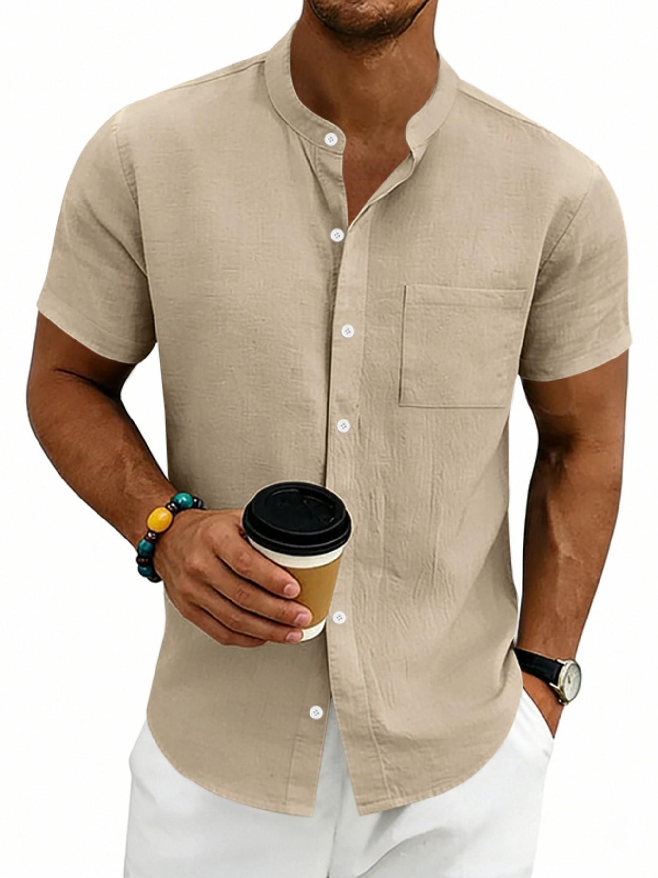 American Summer Linen Casual Men's Hawaiian Shirt, Simple Retro Stand Collar Short Sleeve, Comfortable and Stylish Summer Wear