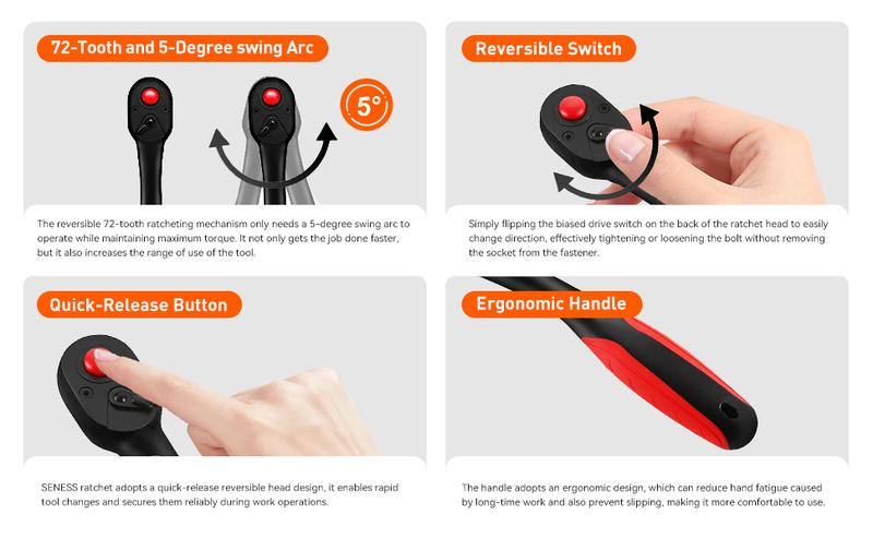 3-Piece 72-Tooth Composite Ratchet Set, 1/4", 1/2", 3/8" Drive Ratchet Handle - Chrome Vanadium Steel Construction & Full Composite Shell - Offset Handle - 72-Tooth Quick Release Reversible Heads