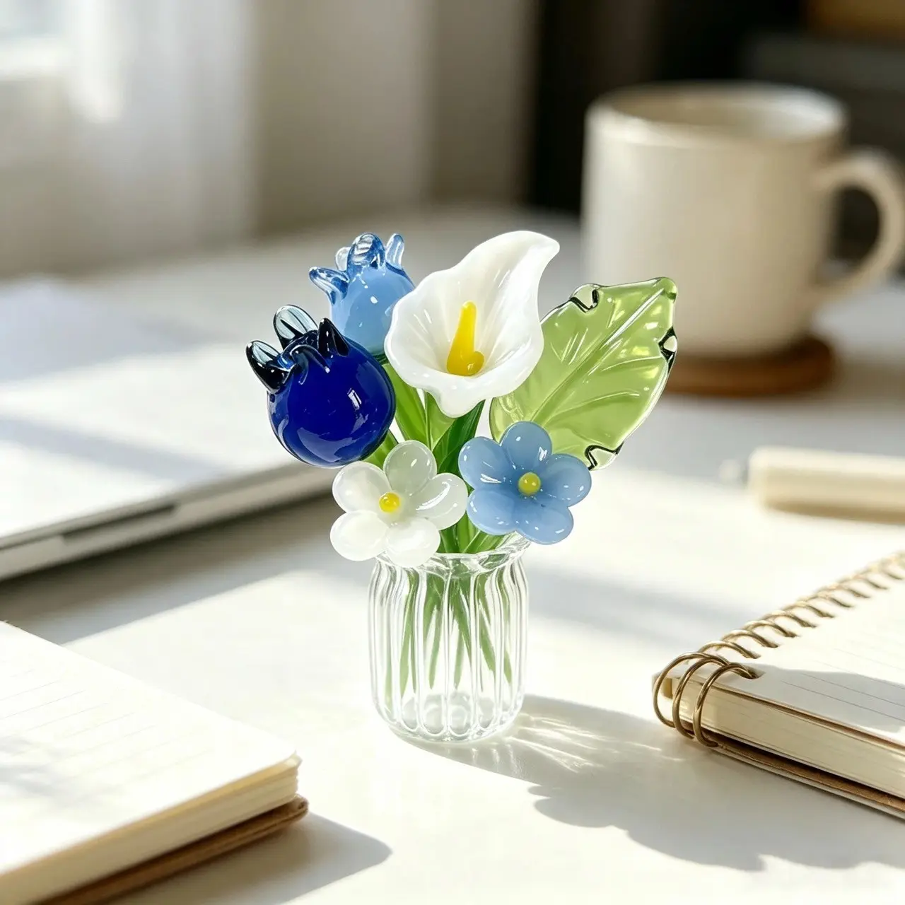 Glass Lily-Of-The-Valley Tulip Mini Flower Set with Leaves, Cute Glass Ornament, DIY Floral Arrangement, Christmas Decor, Gift Idea