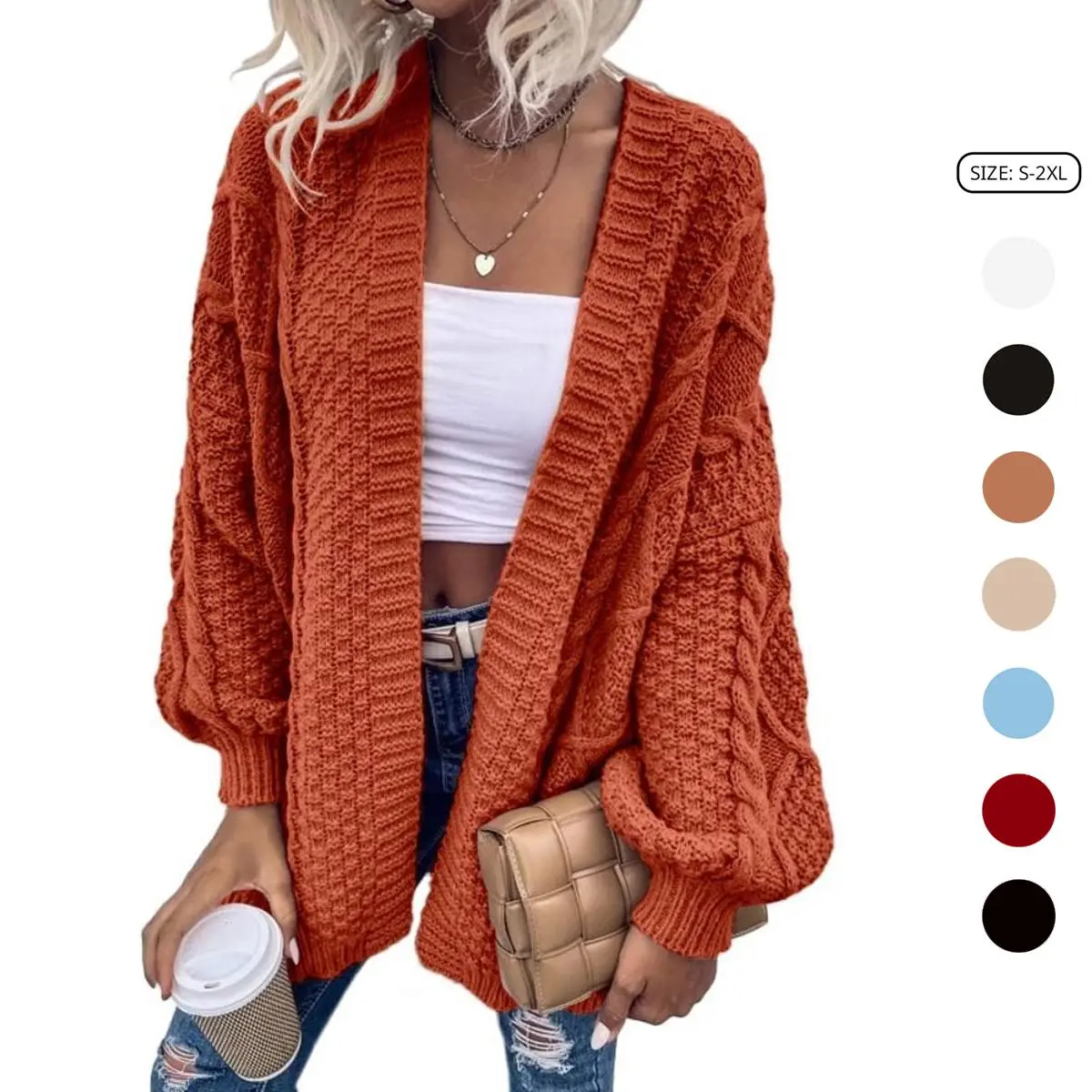 Imily Bela Womens Oversized Cardigan Sweaters Open Front Cable Knit Lantern Long Sleeve Chunky Outwear Coats Winter Knitwear Halloween Orange Christmas Red