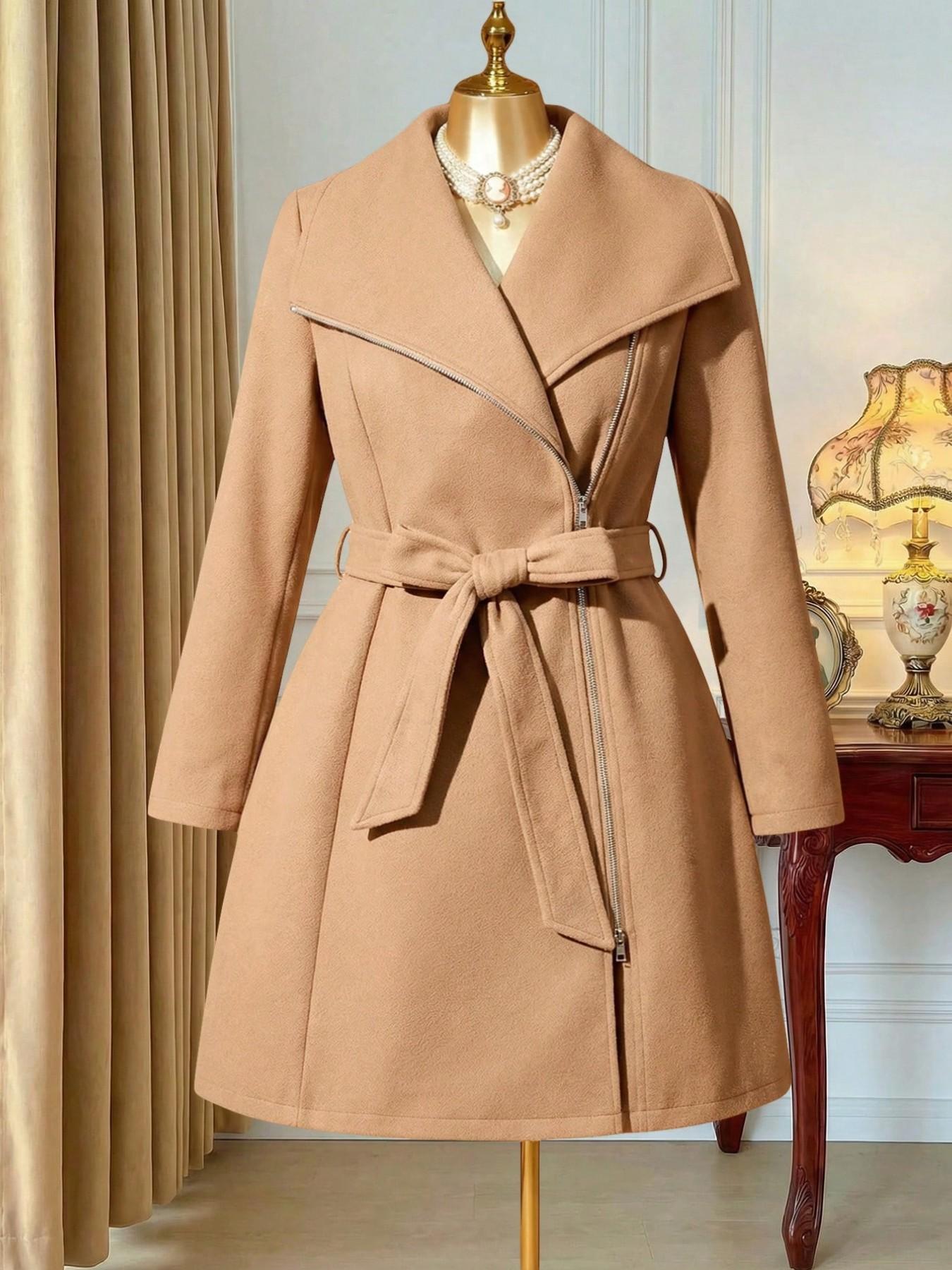 Plus Size Women’s Elegant Belted Coat, Long Sleeve Zip Front Lapel Outerwear, Chic Casual Fall Winter Long Jacket for Work, Going Out and Everyday Style