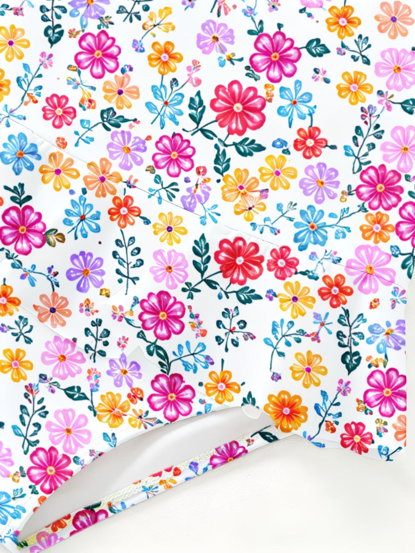 Colorful Floral Print Girls' Jumpsuit, Cute Cartoon Print, Ruffled Quick-Dry Kids Swimwear, Fashion Swimsuit, Beach Party