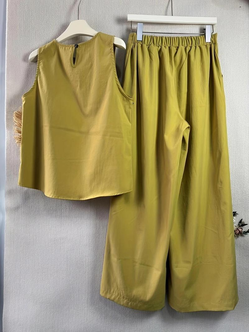 Women's Solid Tank Top & Pocket Wide Leg Pants Set, Matching Clothing Set, Elegant Fashion Casual Two-piece Outfits for Daily Outdoor Wear, Women Clothing for Summer