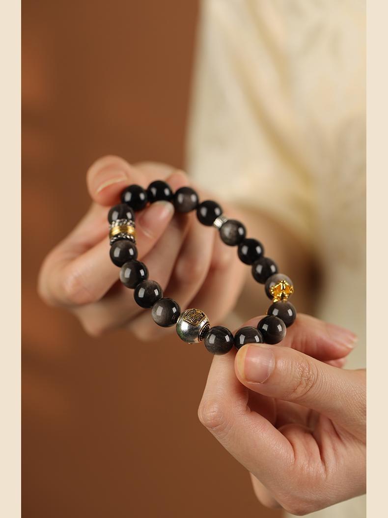[Wealth Blessing] crystal bracelet, silver obsidian Tibetan silver sand gold, unisex, daily wear gift, 10mm beads natural stone, wealth blessing symbol
