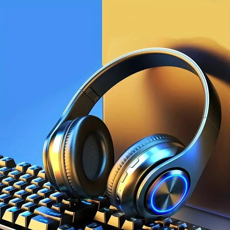 Wireless Over-ear Headphone, Noise Cancelling Headphone with LED Light &microphone & FM & SD Card Slot, Stereo Sound Bluetooth-compatible Headphone for Home Office Travel Wireless Headphones