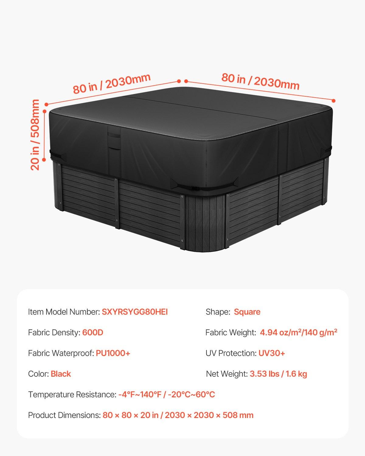 VEVOR Outdoor Hot Tub Cover, 80x 80x 20 Inch Weatherproof and Waterproof Hot Tub Cover Protector, 600D Heavy Duty Oxford Fabric and 950N Tearing Strength, Square Spa Covers for Hottub, Black
