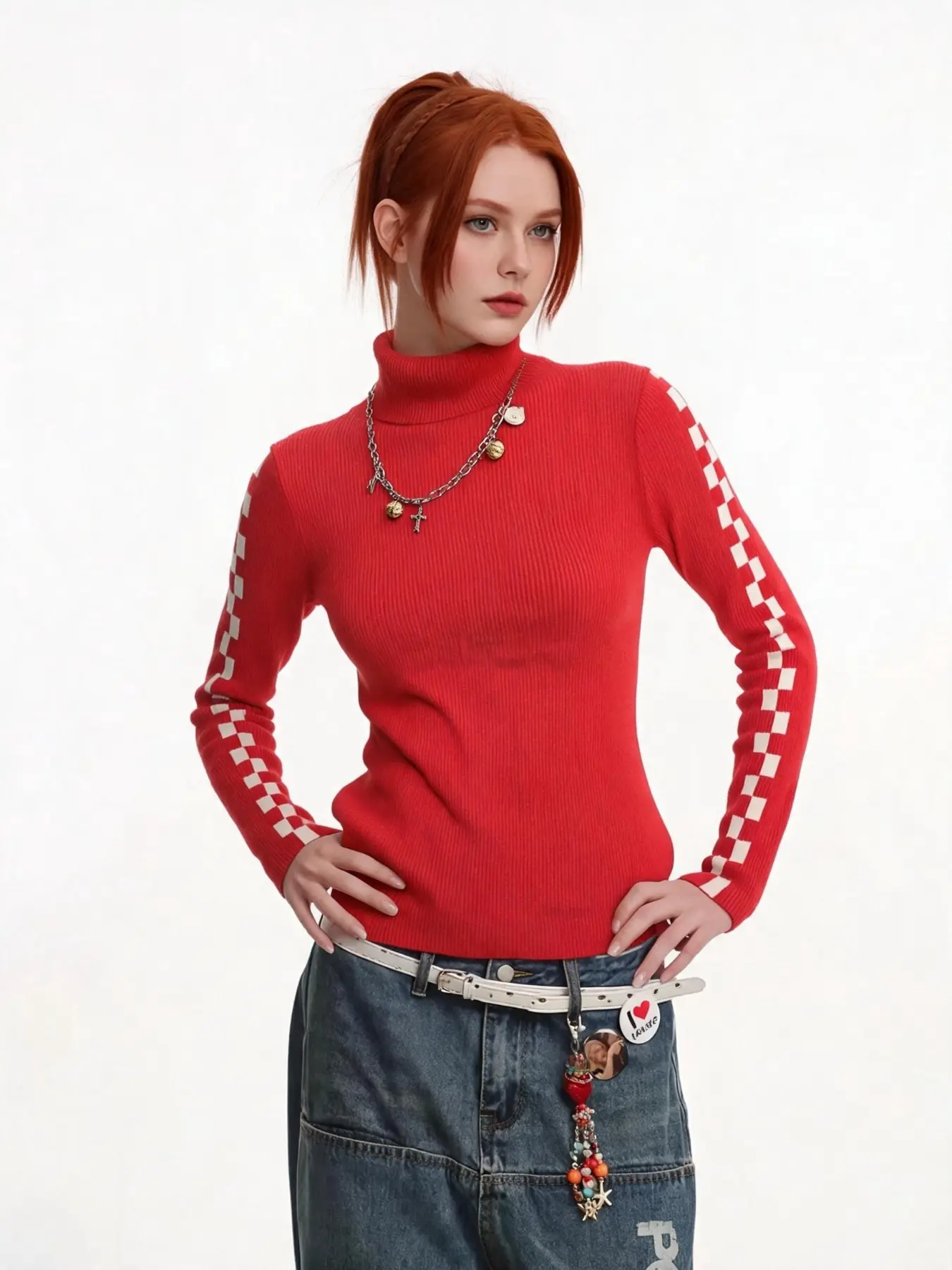 Women's New High Neck Plaid Knit Sweater, Fashion Slim Fit Fall Winter Top Long Sleeves, Stylish Checkerboard Pattern Pullover for Ladies