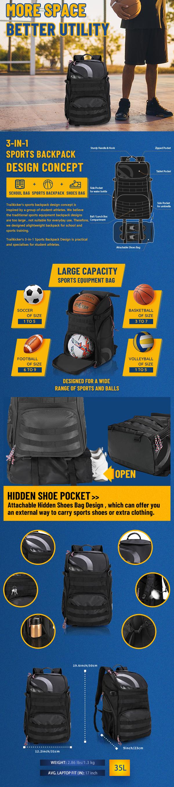 Large Basketball Bag Backpack for Men Women Kids Basketball Bookbag with Ball Compartment Shoes Bag 35L Capacity Boys Girls Soccer Ball Bag Gym Backpack Fit Volleyball Football Sports Travel School