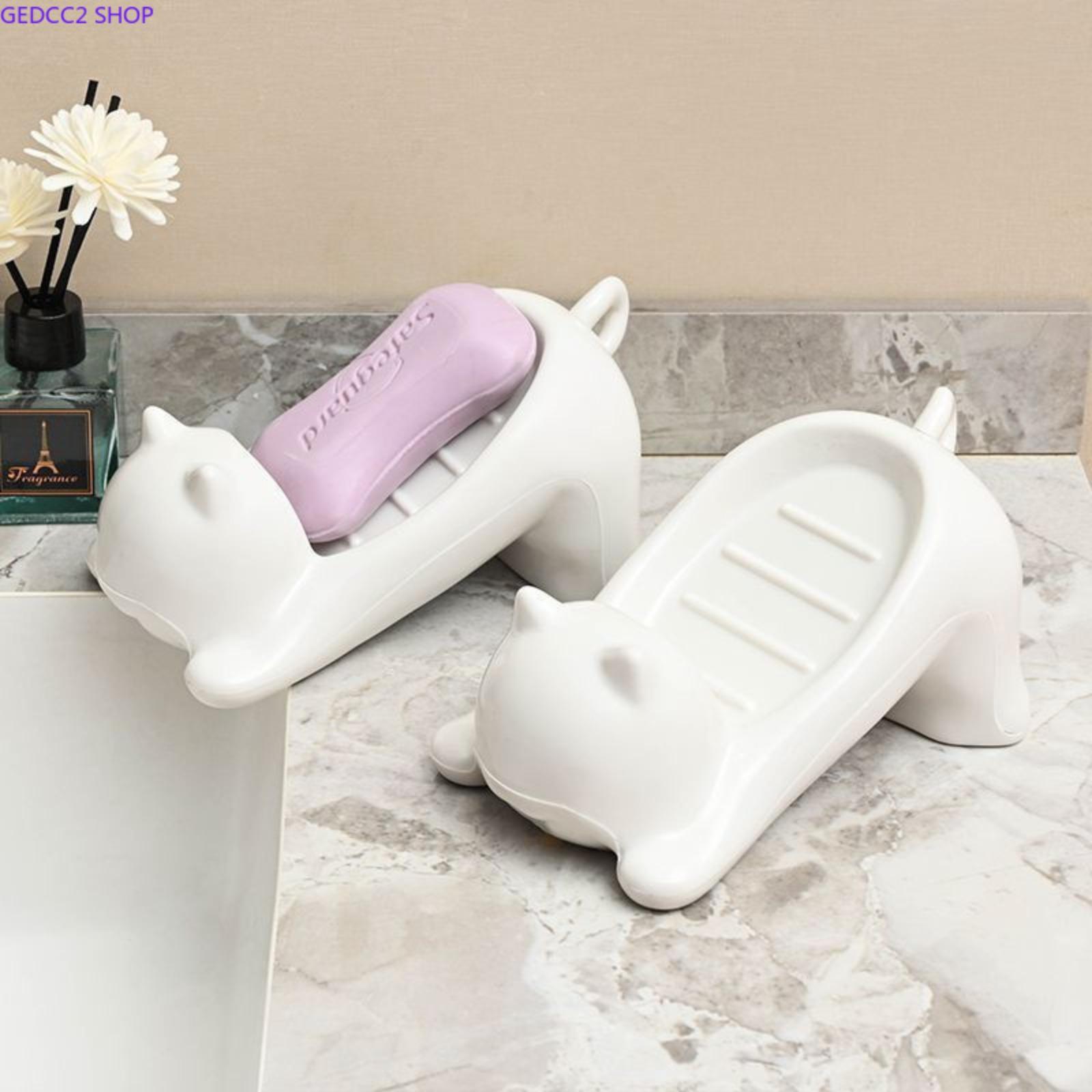 Cute Animal Shape Cat Soap Bar Holder with Drain Tray, Bathroom Accessory Counter Top Sink Storage for Camping & Hiking Hammock Setup, Cat Lover Gift Idea